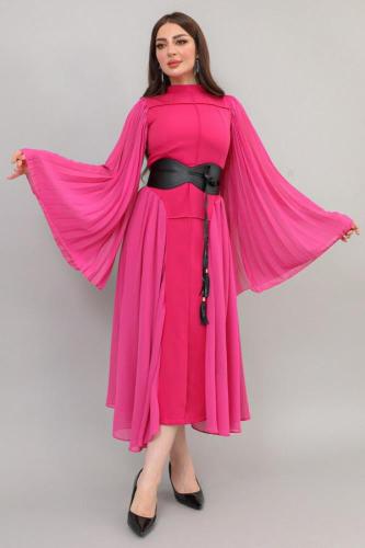 فستان ميدي موحد اللون بكسرات لون فوشي