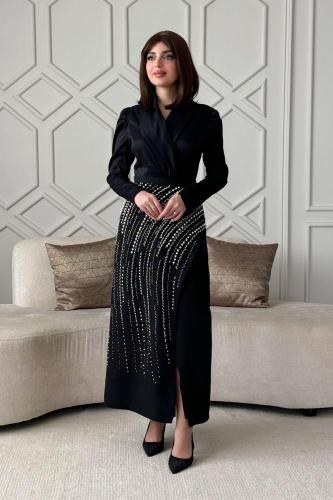 فستان ماكسي تفته مزين باللؤلؤ لون اسود