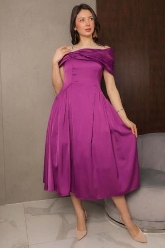 فستان سهرة ميدي بكسرات من الخصر لون بنفسجي