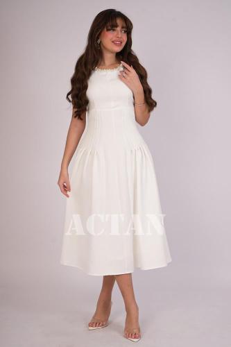 فستان ميدي بكسرات على الخصر لون سكري