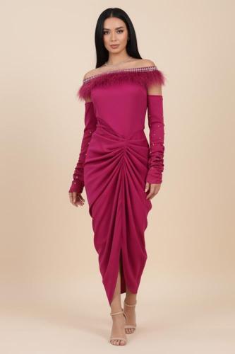 فستان فوشي ميدي بأكمام طويلة