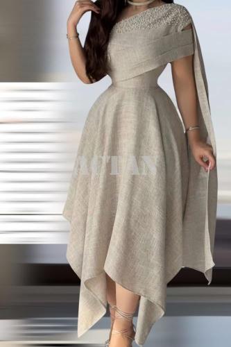 فستان بكتف واحد غير متساوي الأطوال لون بيج