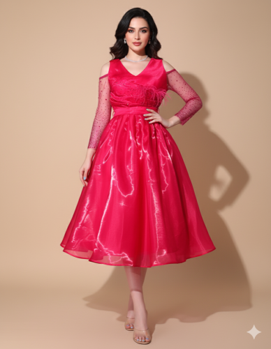 فستان فوشي سهرة بأكمام طويلة ومكشوف الكتف