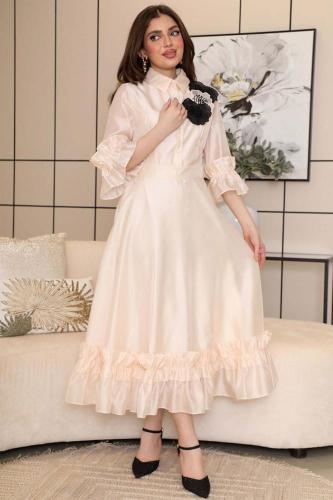 فستان ميدي كلاسيك مزين بالورد لون بيج