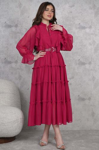 فستان ميدي بياقة برباط لون احمر