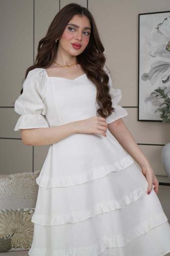 فستان قصير كلوش بطبقات لون ابيض