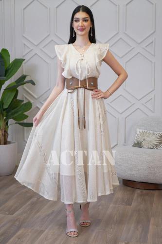 فستان ميدي بحزام جلد لون بيج فاتح