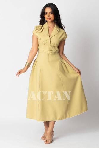 فستان كتان ميدي بياقة مطوية لون اخضر