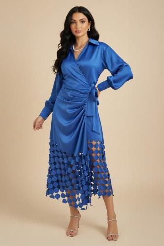 فستان أزرق نيلي ناعم برباط خصر