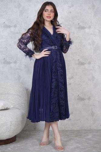 فستان ميدي مزين بالريش لون كحلي