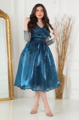 فستان سهره منفوش مزين بفصوص لون تركواز