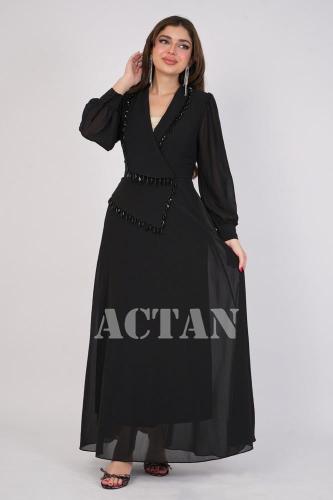 فستان طويل مزين بهدب لون اسود