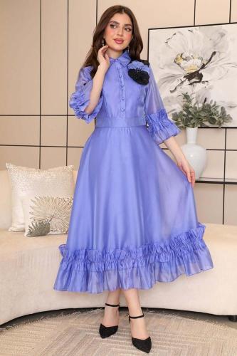 فستان ميدي كلاسيك مزين بالورد لون بنفسجي