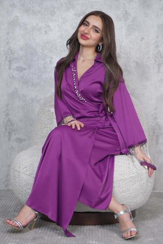 فستان برباط من الخصر مطرز بكريستال لون موف