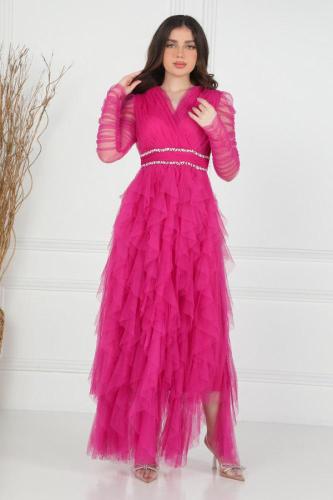 فستان سهره بطبقات كشكش مطرز الخصر لون فوشي