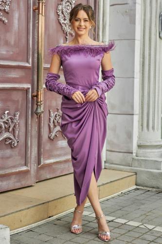 فستان ميدي بياقه مطرزه ومزينه بريش لون موف