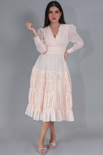 فستان شيفون جورجيت بطبقات مزمومه لون سكري