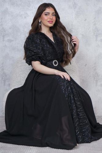 فستان طويل بأكمام بف لون اسود