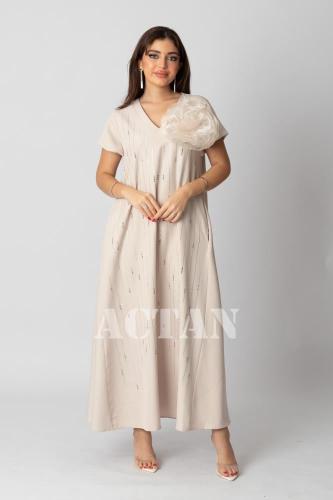 جلابية ماكسي بكتف مزين بورد لون بيج