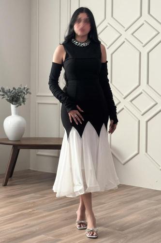 فستان ميدي باكمام منفصله بكتف مكشوف لون اسود