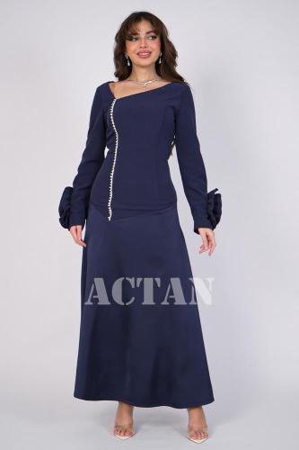 فستان ماكسي ضيق بخصر نازل لون كحلي