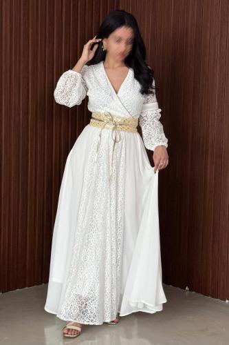 فستان طويل دانتيل شيفون لون ابيض