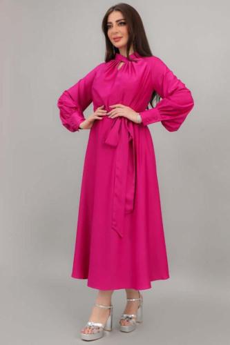 فستان ميدي بياقه عاليه متداخله لون فوشي