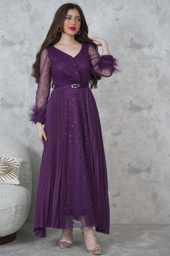 فستان ماكسي مزين بالترتر بأكمام شفافه لون موف