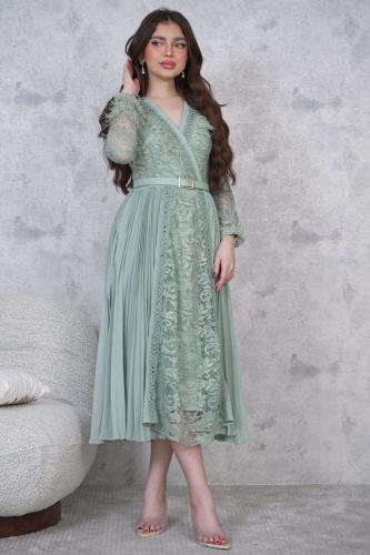 فستان ميدي مزين بالريش لون تيفاني