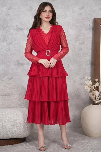 فستان ميدي بليسيه بطبقات لون احمر