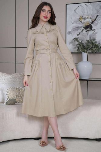 فستان ميدي كتان بجيوب لون بيج