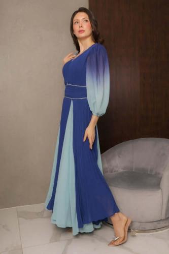 فستان سهرة شيفون بكسرات بكم حيران لون ازرق