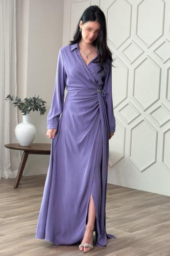 فستان طويل لف بثنيات لون بنفسجي