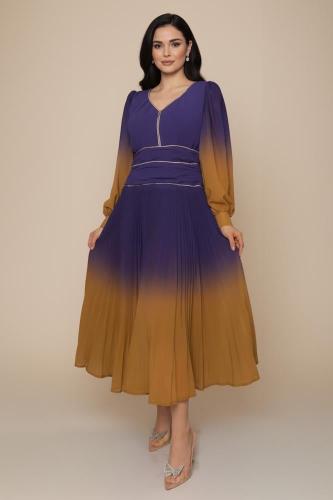 فستان سهرة شيفون ميدي بأكمام طويلة لون بنفسجي