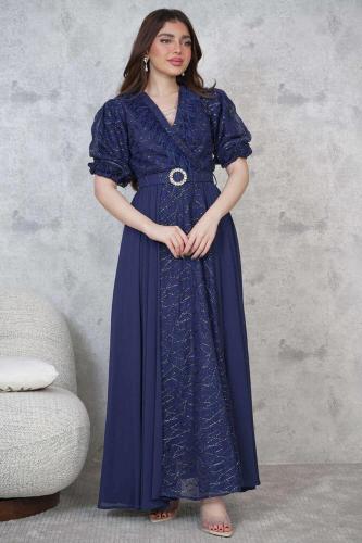 فستان طويل بأكمام بف لون كحلي