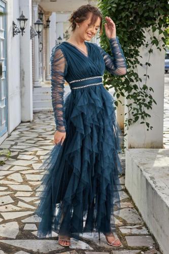 فستان سهره بطبقات كشكش مطرز الخصر لون تركواز