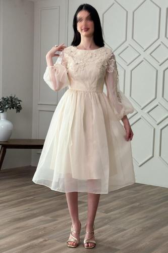 فستان قصير شيفون مزين بأبلكية ورد لون بيج فاتح