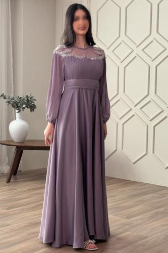 فستان سهرة بليسية مزين بالخرز لون بنفسجي