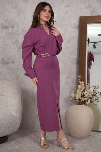 فستان ميدي أنيق بفتحة من الأمام لون ارجواني