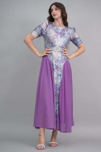 فستان ترتر مموج اللون بكسرات لون موف