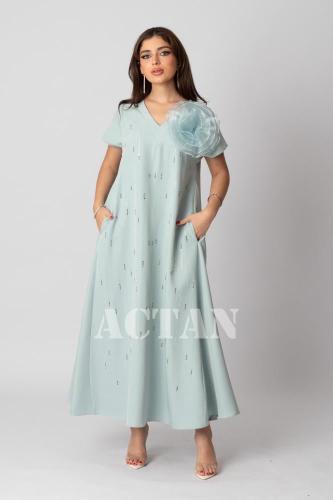 جلابية ماكسي بكتف مزين بورد لون تيفاني