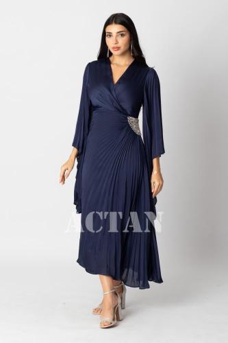 فستان ميدي ساتان بكسرات لون كحلي