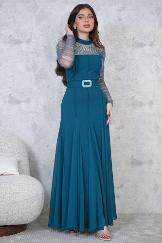 فستان طويل بأكمام تل مزمومه لون ازرق