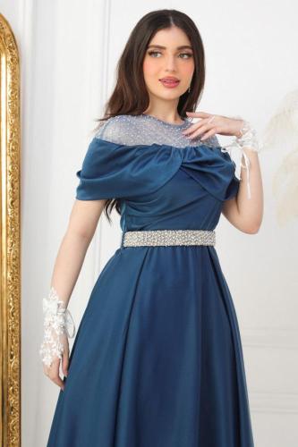 فستان ميدي مطرز الكتف لون تركواز