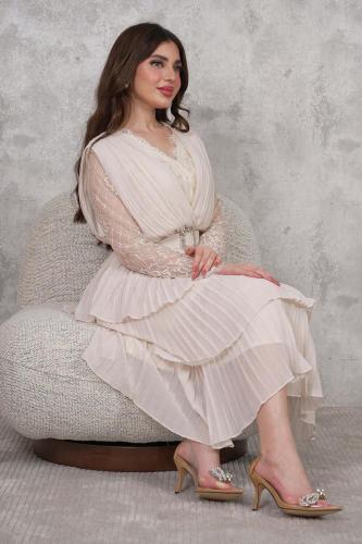 فستان ميدي بليسيه بطبقات لون بيج