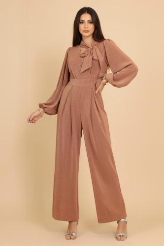 جمبسوت سهرة سترتش لماع بحزام متصل لون برتقالي فاتح