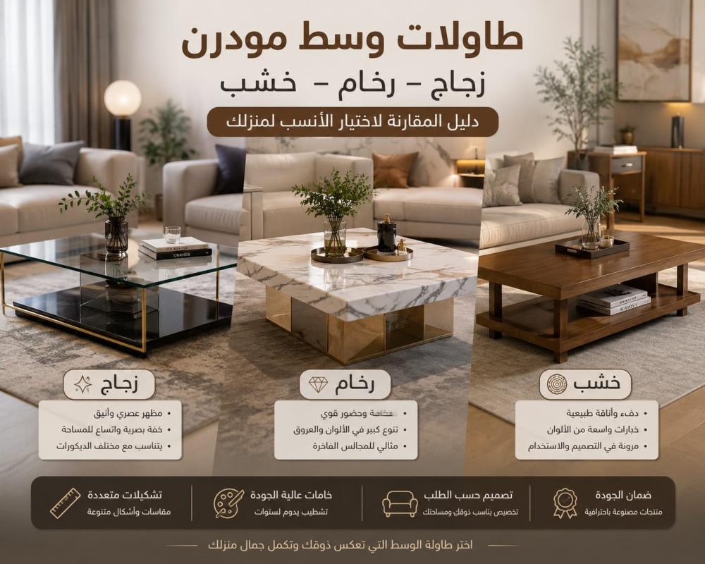 طاولات وسط متنوعة و الفرث بين الخامات و التصاميم
