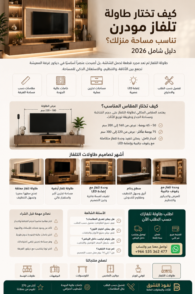دليل اختيار طاولة تلفاز مودرن في الرياض 2026 - أفضل تصاميم طاولات TV