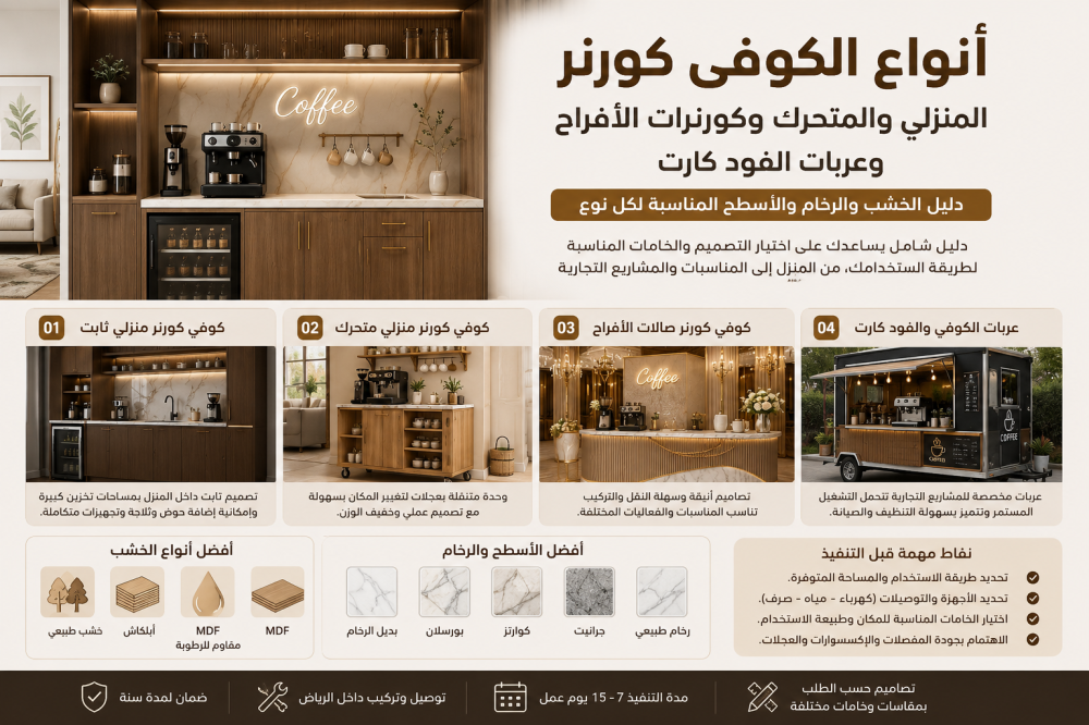 أنواع الكوفي كورنر المنزلي والمتحرك وكورنرات الأفراح وعربات الفود كارت