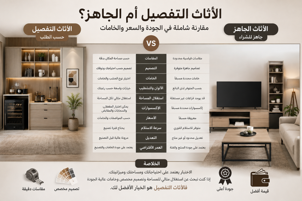 مقارنة بين الأثاث التفصيل والجاهز من حيث السعر والجودة والخامات